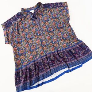 Sundance Shirt Womens XL Block Floral Print Indian Cotton Boho Blue Purple